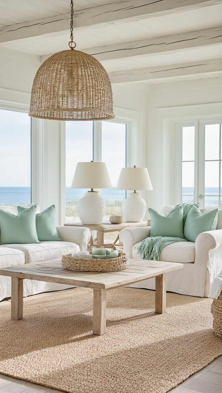 Coastal living room with whitewashed beams, seafoam green accents, rattan lights, and sandy beige linen furniture in bright natural light.