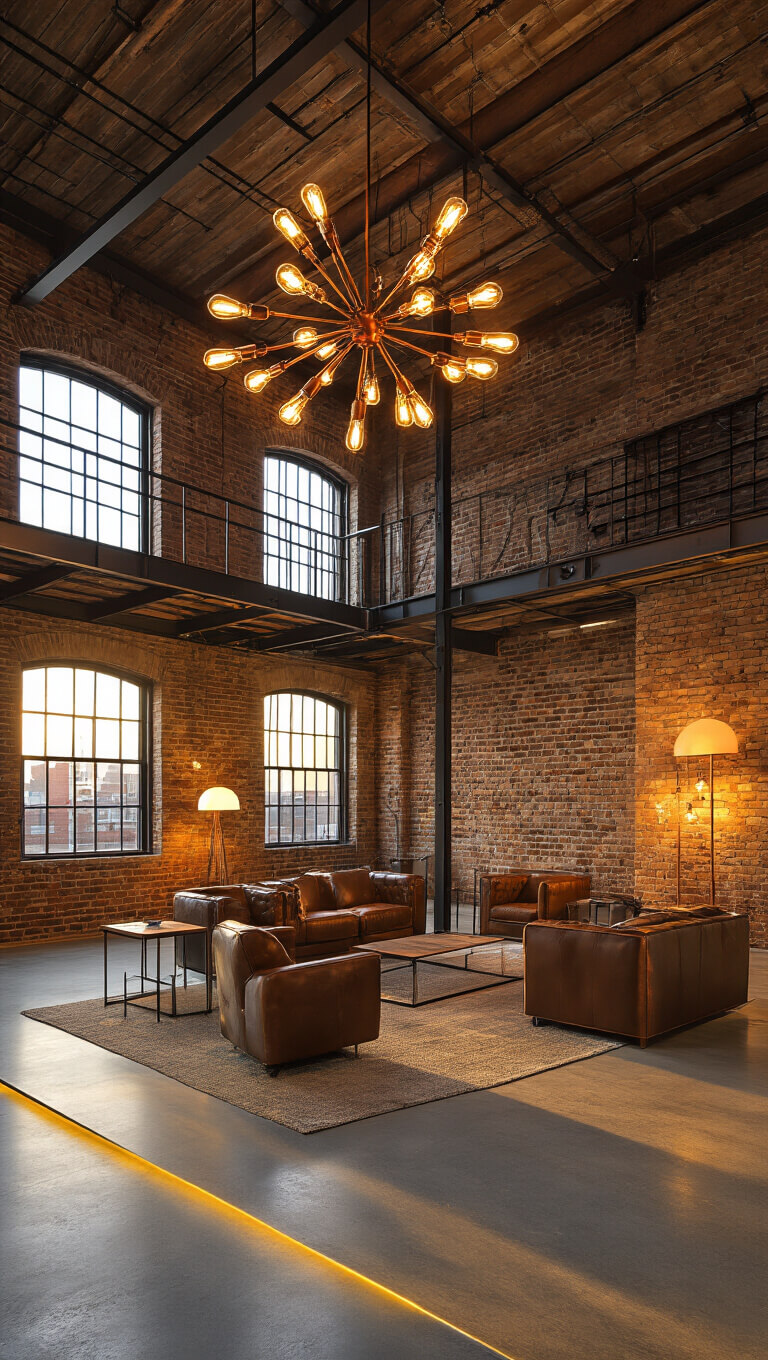 Industrial loft at sunset with exposed brick, steel beams, high ceilings, warm lighting, and modern leather and metal furnishings.