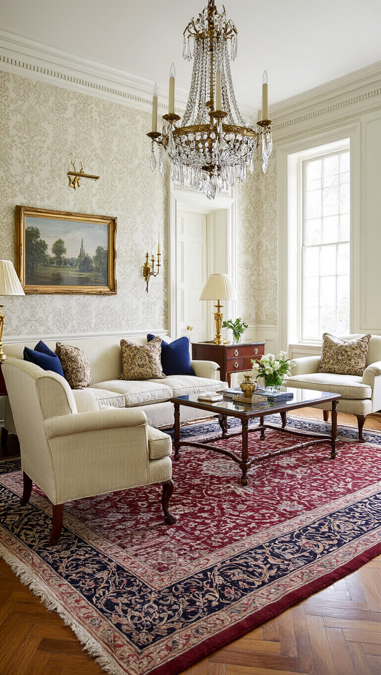 Elegant traditional formal living room with crown molding, wainscoting, crystal chandelier, and herringbone hardwood floors, softly lit by afternoon daylight.