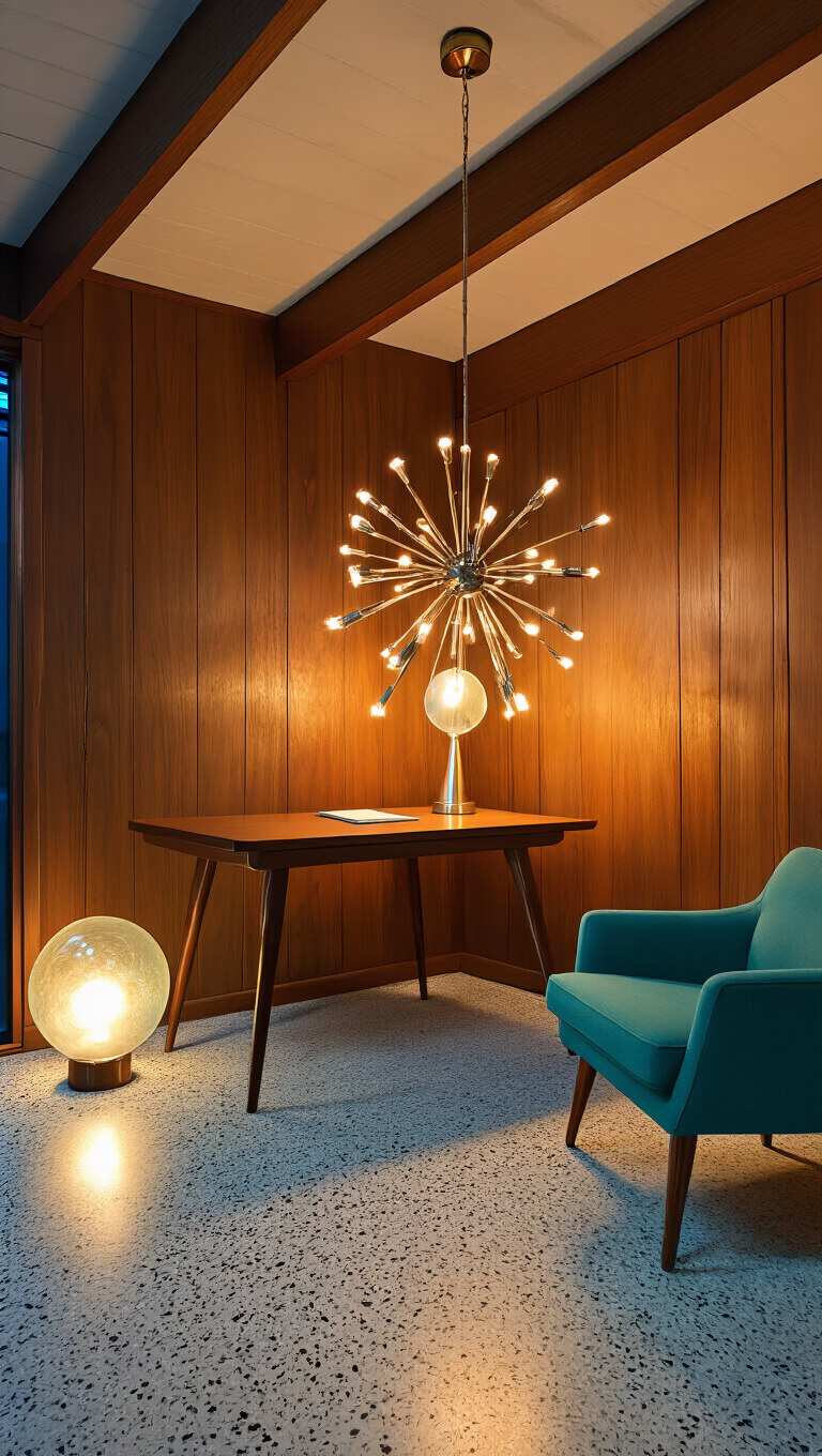Low-angle view of a mid-century modern room at night with walnut paneling, terrazzo floors, a Sputnik chandelier, and dramatic lighting in orange and teal tones.