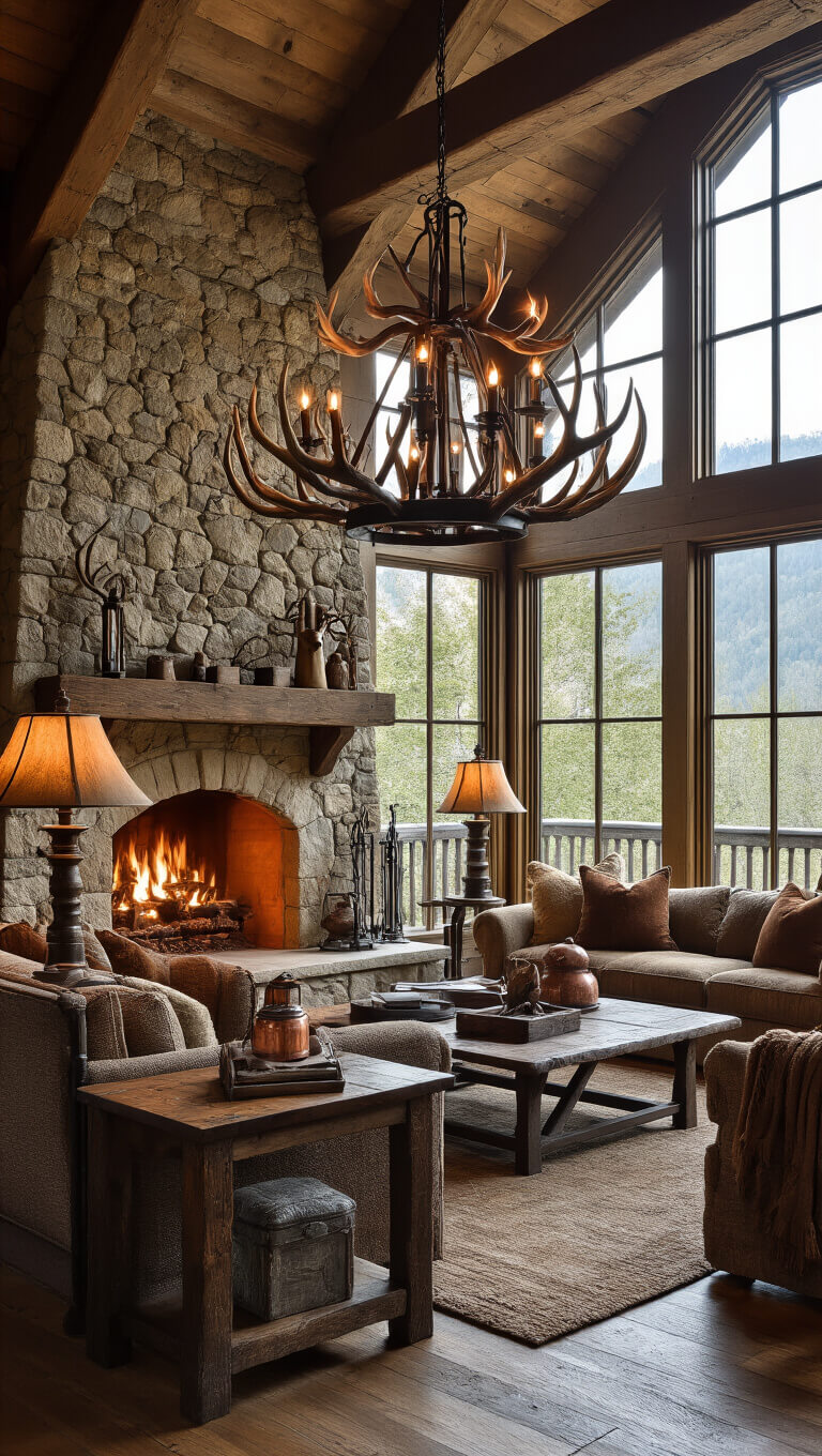 Rustic mountain retreat interior at dawn with stone fireplace glowing, timber beams, iron chandelier, antler lamps, copper lanterns, and earth-toned furnishings in textured fabrics.