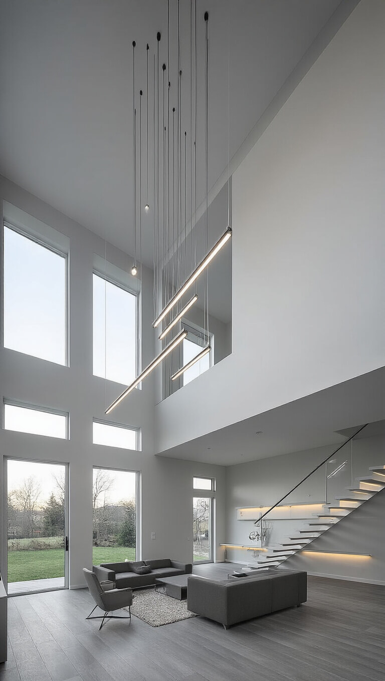 Contemporary open-concept interior with double-height windows, floating staircase, LED pendant lights, and a monochromatic gray palette blending natural and artificial light.