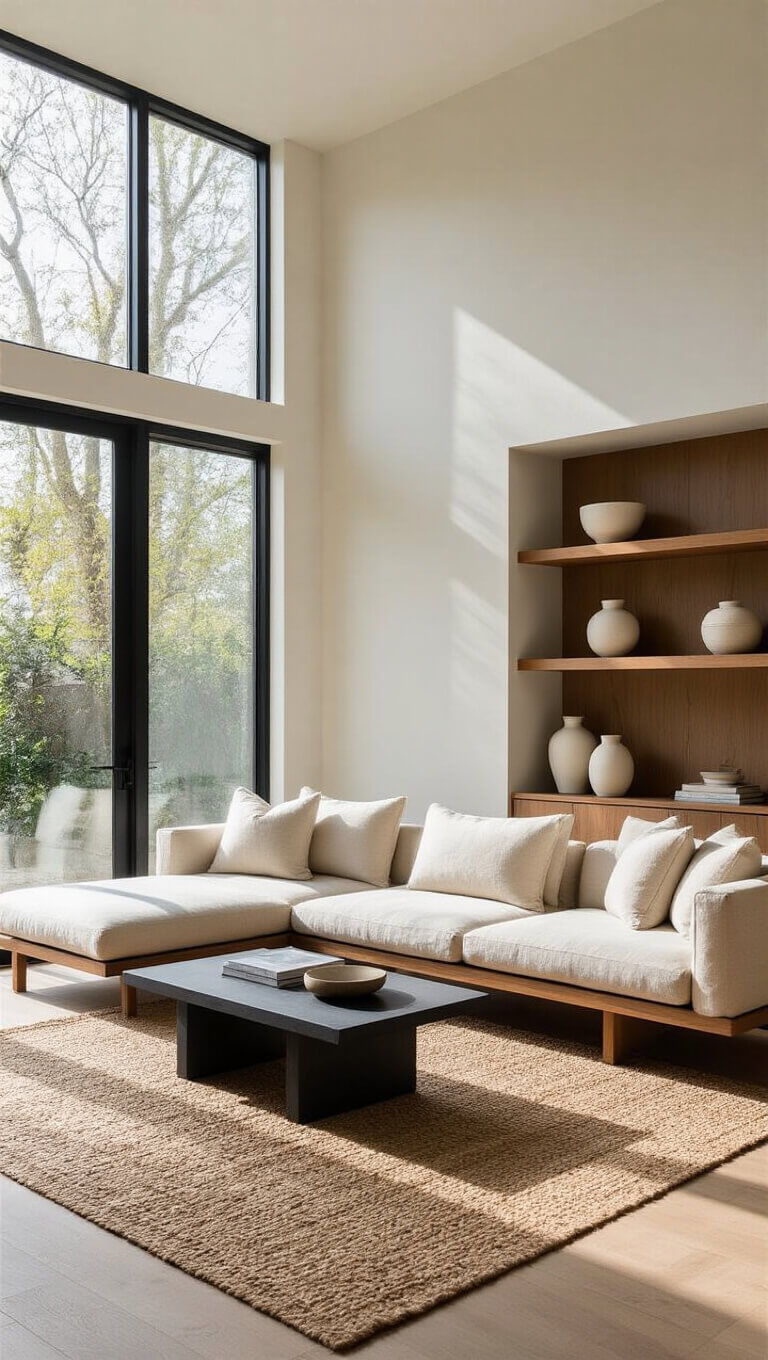 Serene 20x24ft living room with walnut platform sofa, oatmeal cushions, jute rug, black oak coffee table, and floor-to-ceiling windows bathed in morning light.