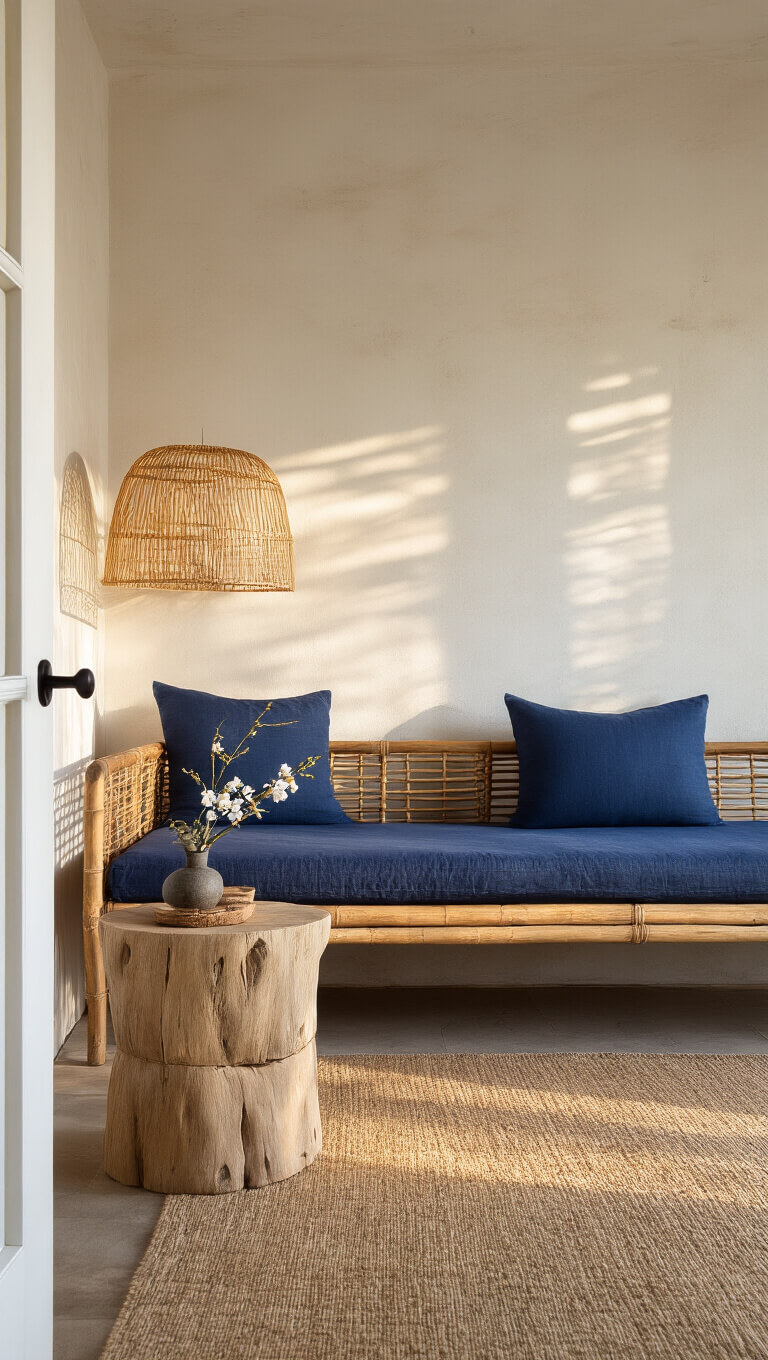 Cozy 15x18ft living space at golden hour with a teak daybed, indigo cushions, bamboo floor lamp, oak side table with ikebana, and warm organic textures.