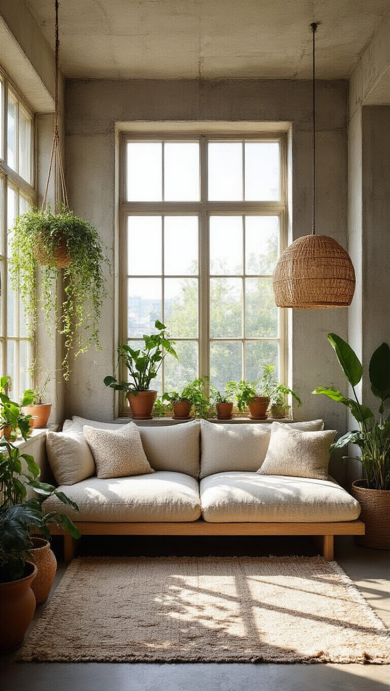Sunlit corner room with greige bouclé sofa, geometric rug, ceramic planters, and rattan pendant lamp casting soft shadows.