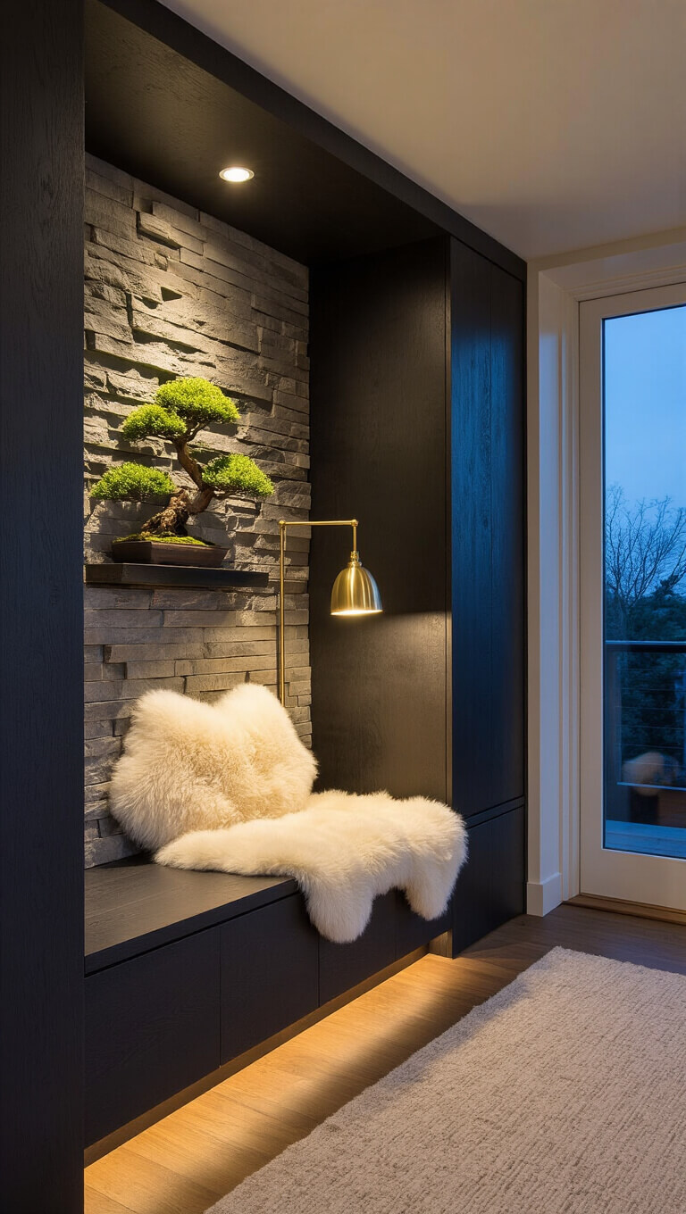 Cozy 14x16ft twilight living space with blackened oak bench, ivory sheepskin throws, brass floor lamp, stacked stone wall, and bonsai display.