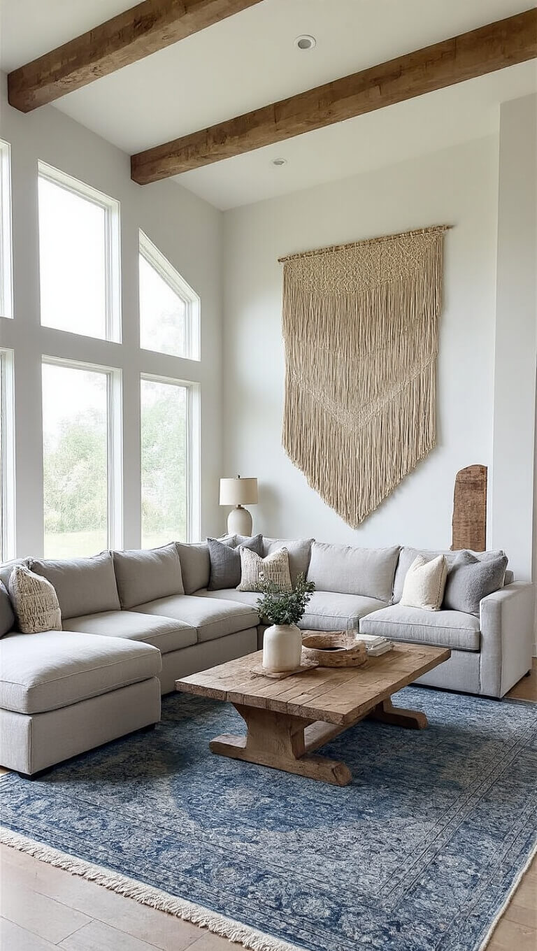 Expansive great room with vaulted ceiling, dove gray modular sectional, indigo vintage rug, wood coffee table, and natural fiber wall hanging.