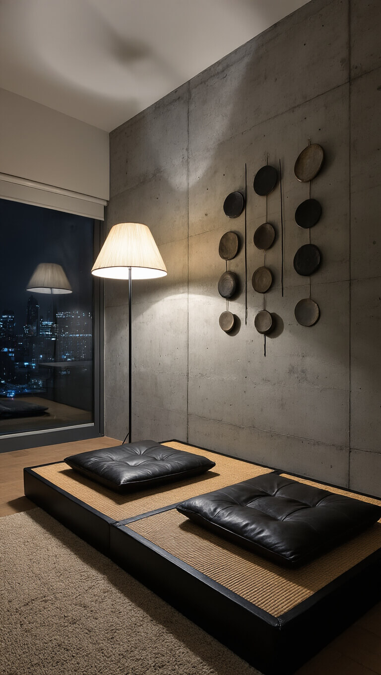 Moody nighttime view of a minimalist urban living room with low leather cushions on a tatami platform, soft lighting from a black metal floor lamp, and ceramic disc art on a concrete wall.
