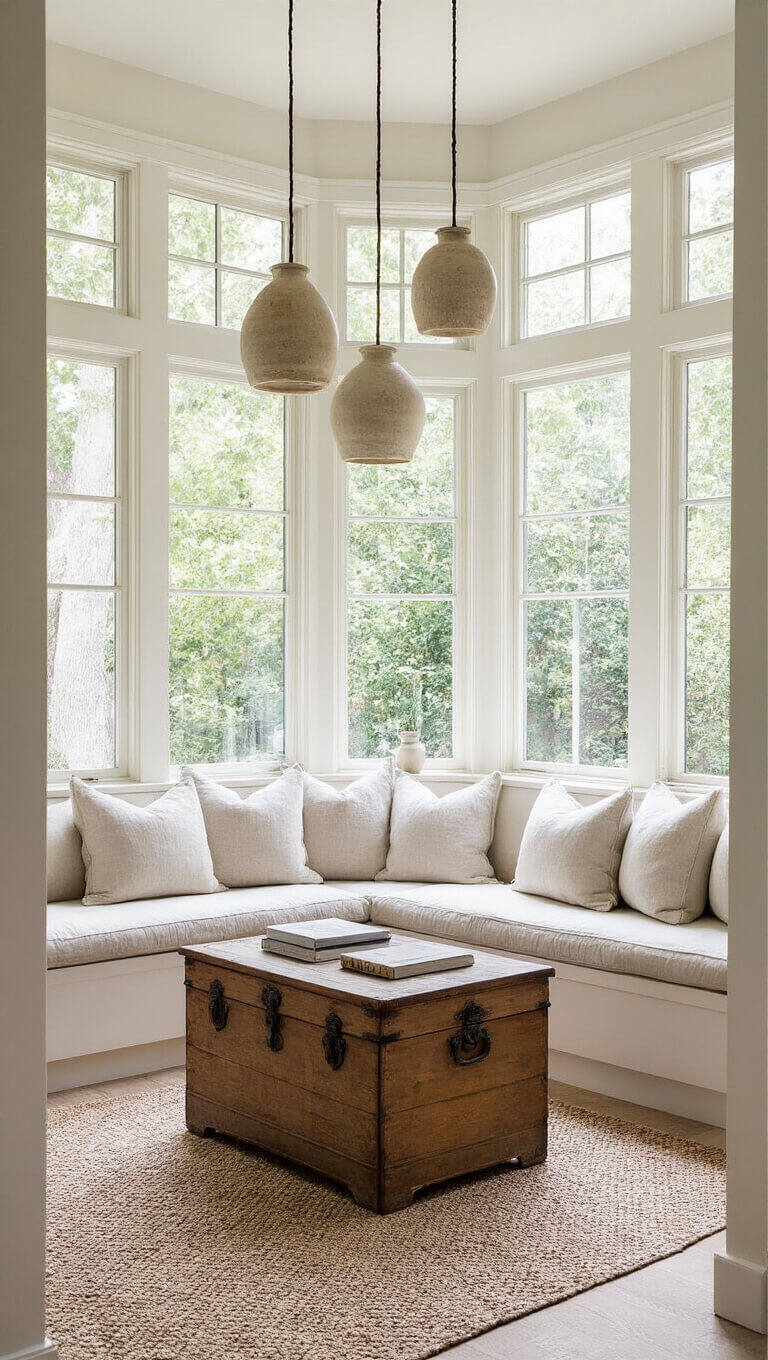 Bright, serene 20x24ft room with natural linen banquette around bay window, ceramic pendant lights, and vintage wooden chest coffee table.
