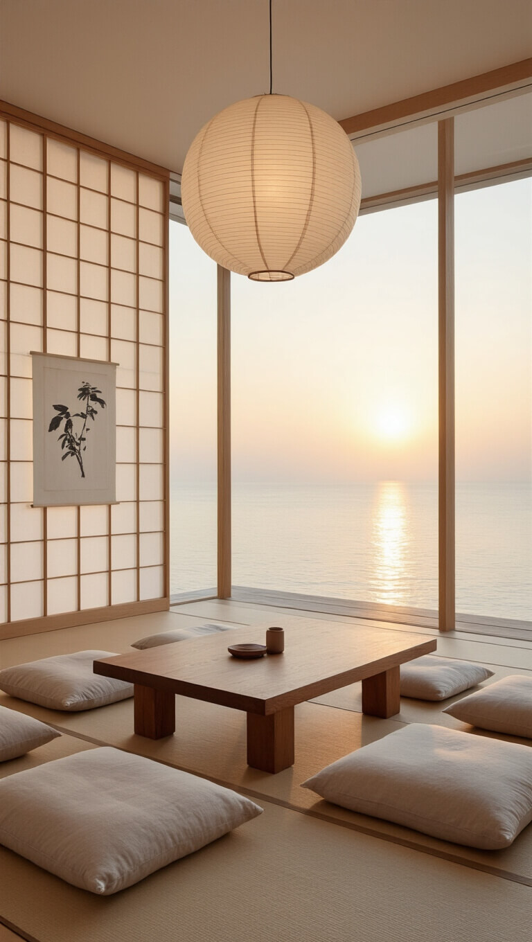 Minimalist 18x20ft room at sunrise with raw silk floor cushions around a low teak table, soft glow from a paper lantern, ink artwork on a shoji screen, viewed from seated height in a calm, meditative setting.