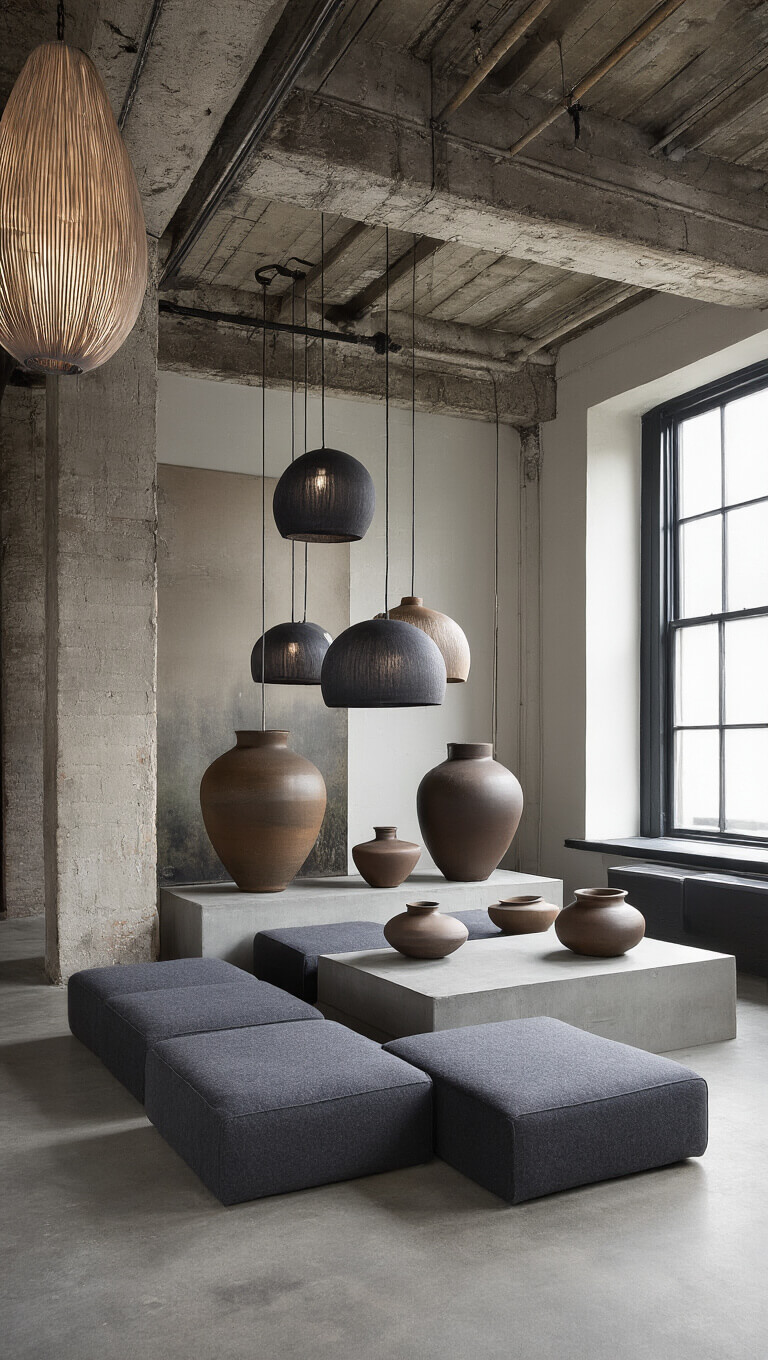 Urban zen loft with modular charcoal seating, smoky glazed ceramic vessels on concrete, and shadow-casting metal and paper pendant lighting.