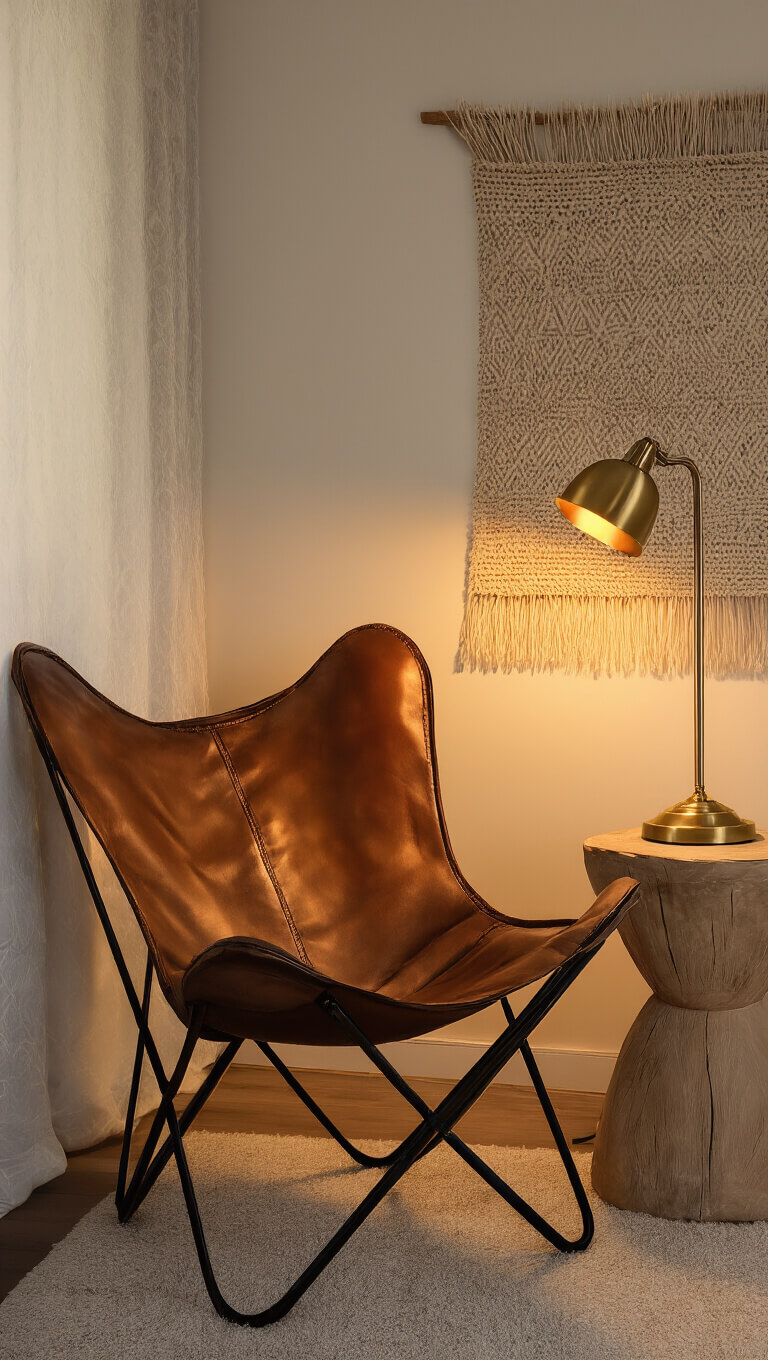 Cozy reading nook at sunset with leather butterfly chair, bleached oak side table, neutral geometric tapestry, and warm brass lamp lighting textured surfaces.