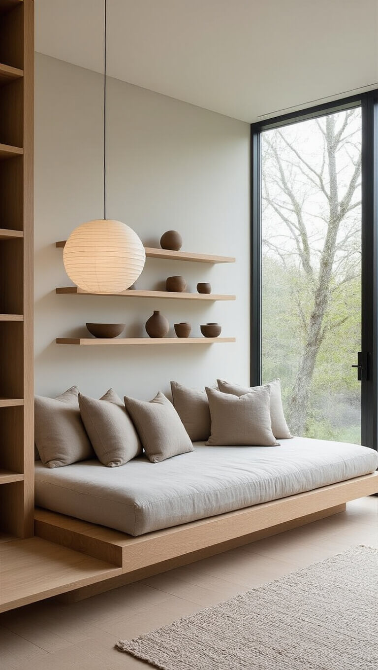 Serene modern 20x22ft living space with floor-to-ceiling windows, platform daybed, taupe pillows, ceramic art on oak shelves, and soft paper pendant lighting.