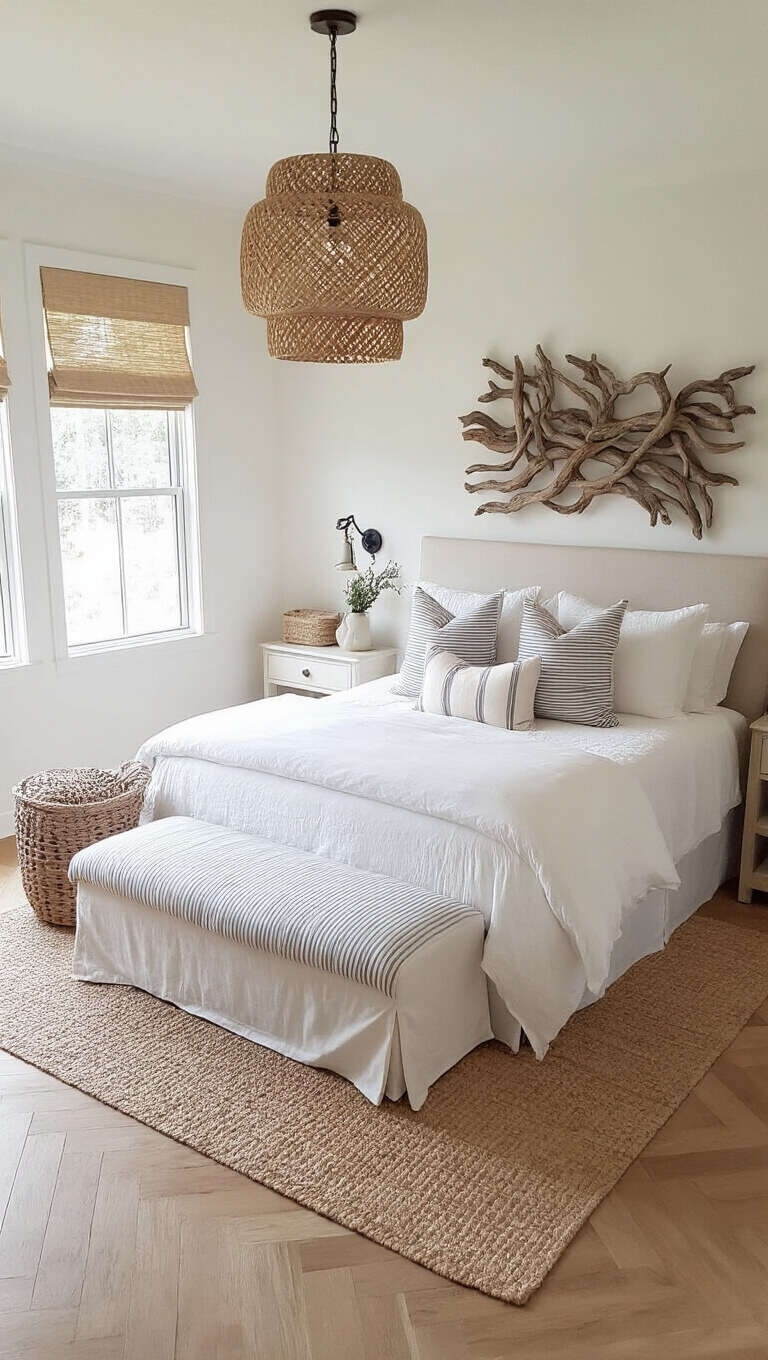 Aerial view of sunlit bedroom with herringbone wood floors, white bench with striped pillows, woven pendant light, driftwood wall art, and natural fiber shades.