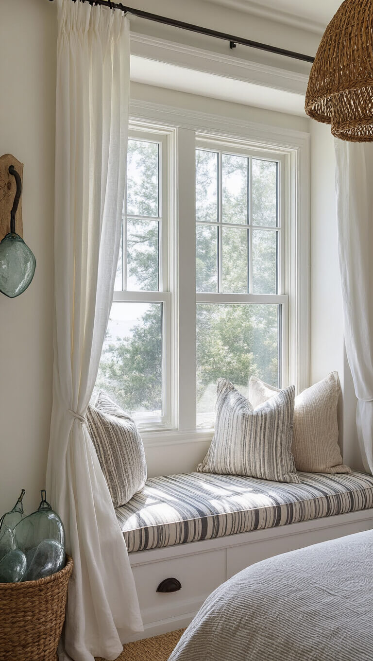 Twilight view of cozy bedroom window nook with built-in seat, striped cushions, billowing sheer curtains, rattan pendant light, vintage glass floats, and nautical decor.