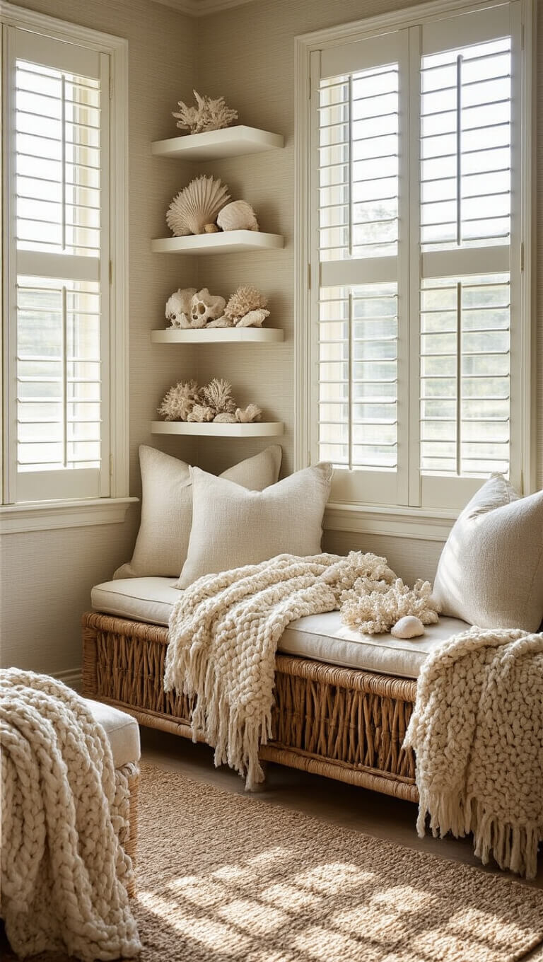 Low-angle view of morning light filtering through plantation shutters in cozy 15x17ft room with grass cloth walls, woven bench, chunky knits, linen furniture, and floating shelves displaying shells and coral.