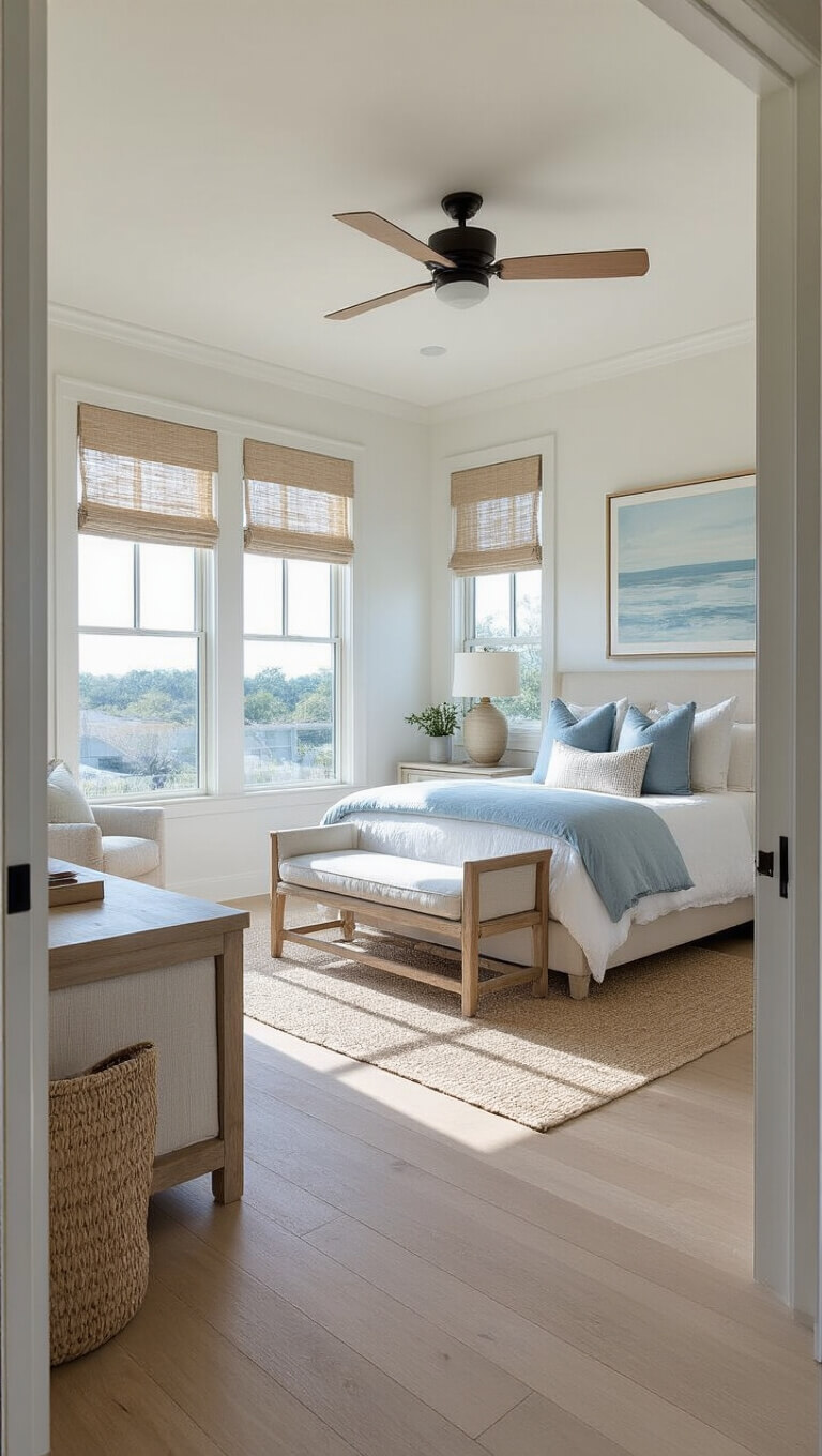 Bright coastal master bedroom with clean lines, natural light, and serene whites and blues; features sitting area and workspace in spacious 20x22ft layout.