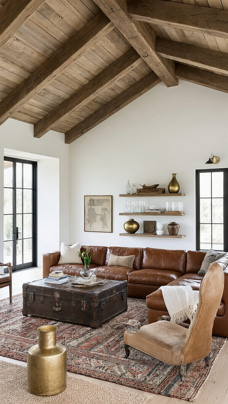 Sunlit great room with vaulted ceiling, leather sectional, antique trunk table, layered kilim and seagrass rugs, and styled shelves with brass and milk glass decor.