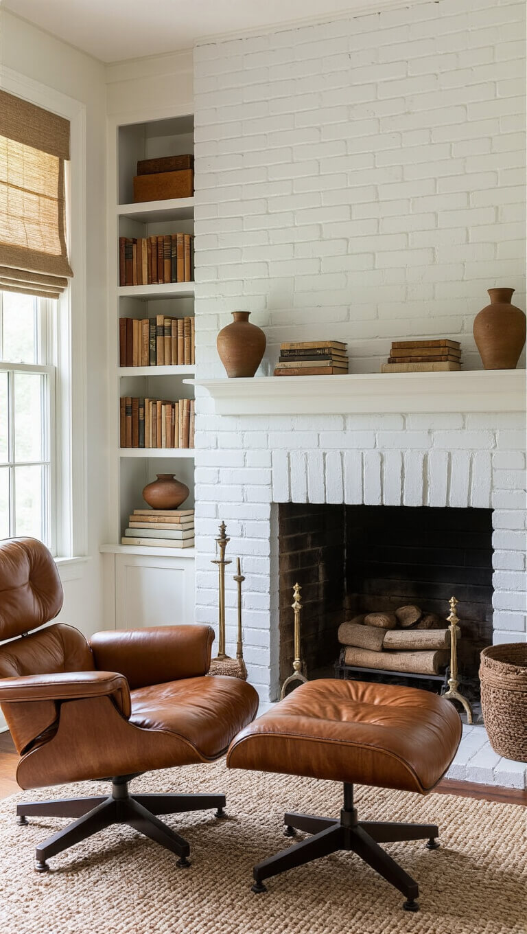 Cozy 10x12ft reading nook with soft white brick fireplace, mid-century cognac leather chair, built-in bookcases, vintage books, pottery, and filtered afternoon light.