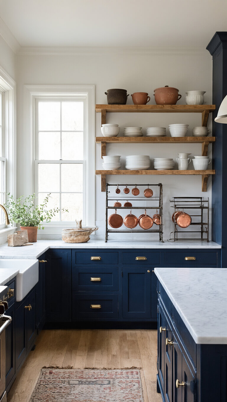 Modern farmhouse kitchen at dawn with navy shaker cabinets, brass hardware, marble counters, copper cookware, vintage baker's rack, and white oak shelving with stoneware.