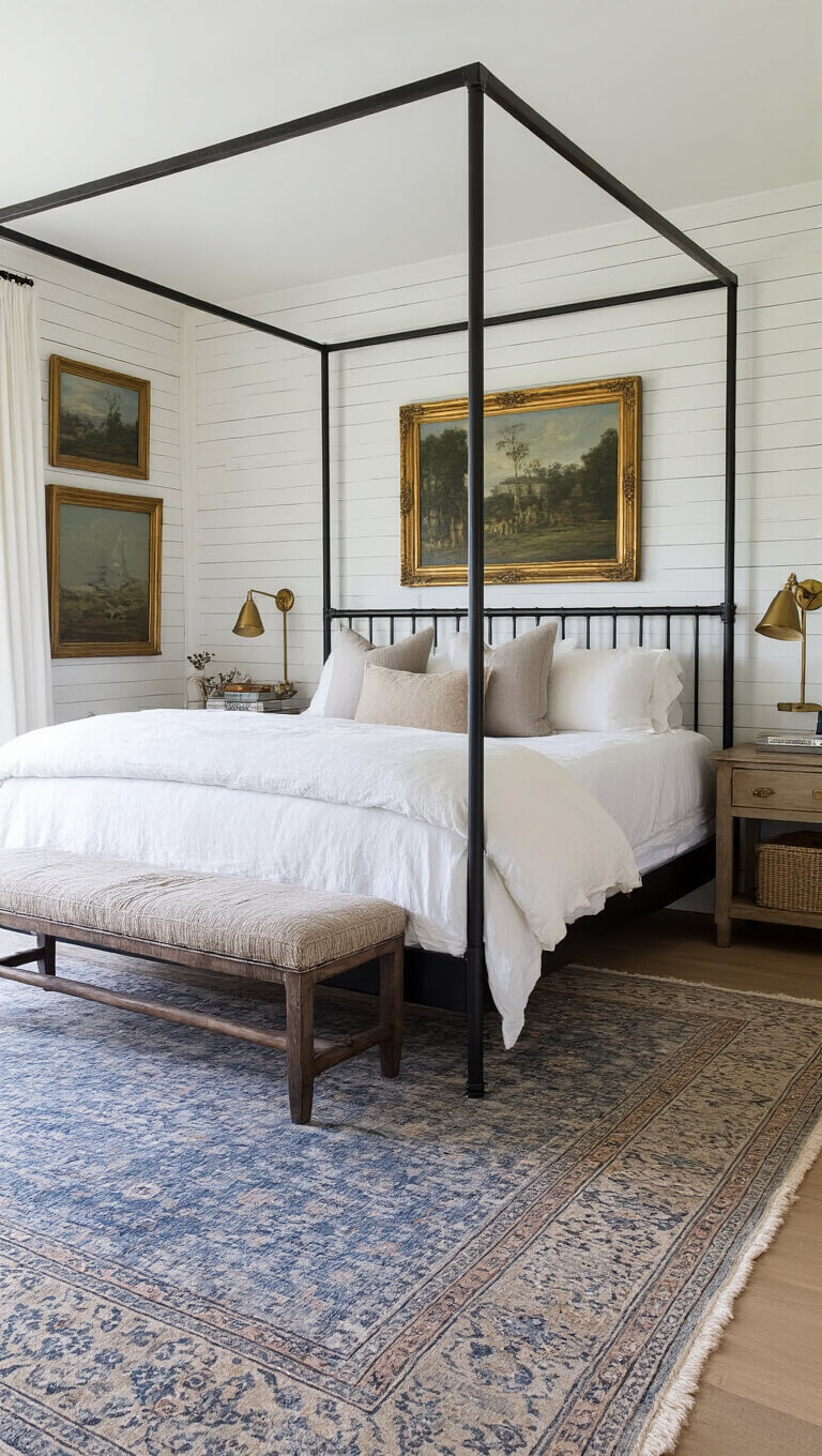 Twilight-lit serene primary bedroom with modern blackened steel canopy bed, vintage French linen bedding, whitewashed shiplap walls, antique Persian runner, brass sconces, and gallery wall of vintage art in gilded frames.