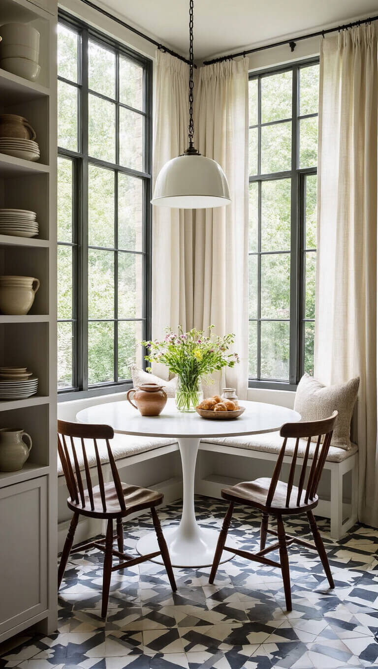Overhead view of a sunlit breakfast nook with a round tulip table, vintage Windsor chairs, geometric tile floor, industrial window, and shelves displaying eclectic pottery.