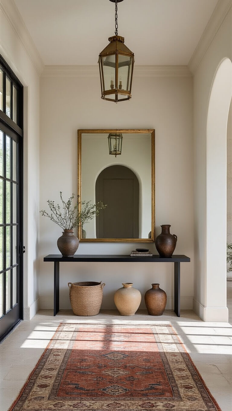Dramatic symmetrical entryway with limestone tiles, vintage runner, blackened steel console, gilt mirror, brass lantern pendant, and vintage vessels in afternoon light.