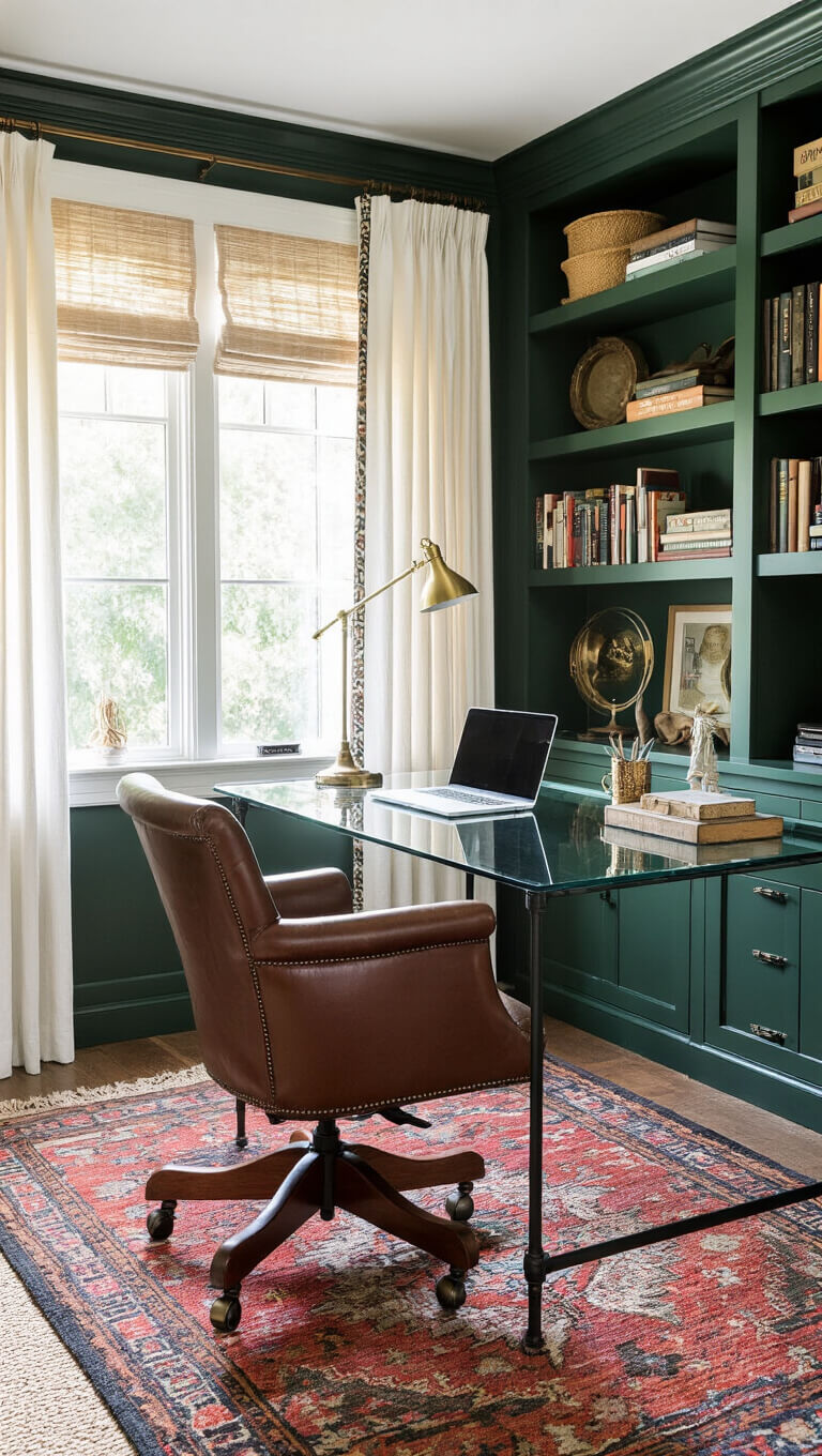 Eclectic home office with glass desk, vintage leather chair, deep green built-in bookcases, kilim rug over sisal, brass lamp, and filtered midday light through cafe curtains.