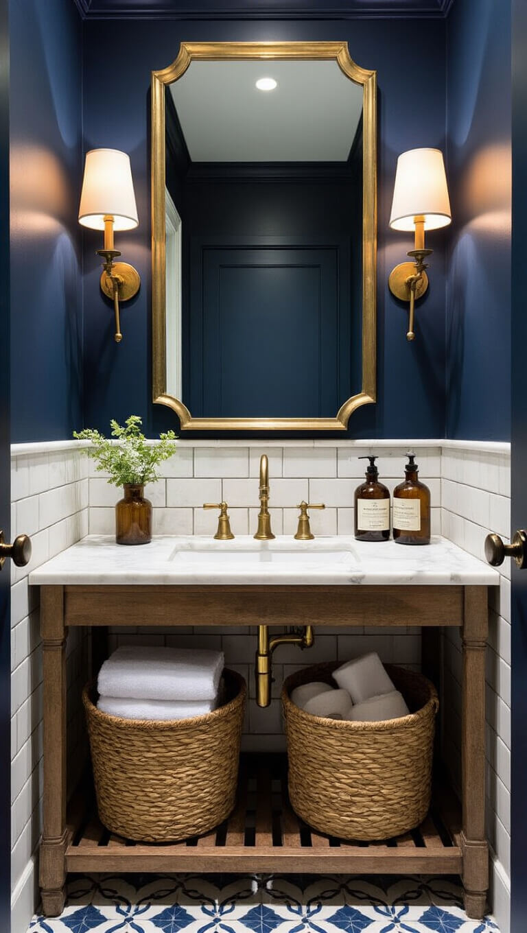 Luxurious 6x8ft powder room with vintage marble-top vanity, aged brass fixtures, navy Stiffkey Blue walls, ivory zellige tiles, antique brass mirror, and vintage apothecary bottles.
