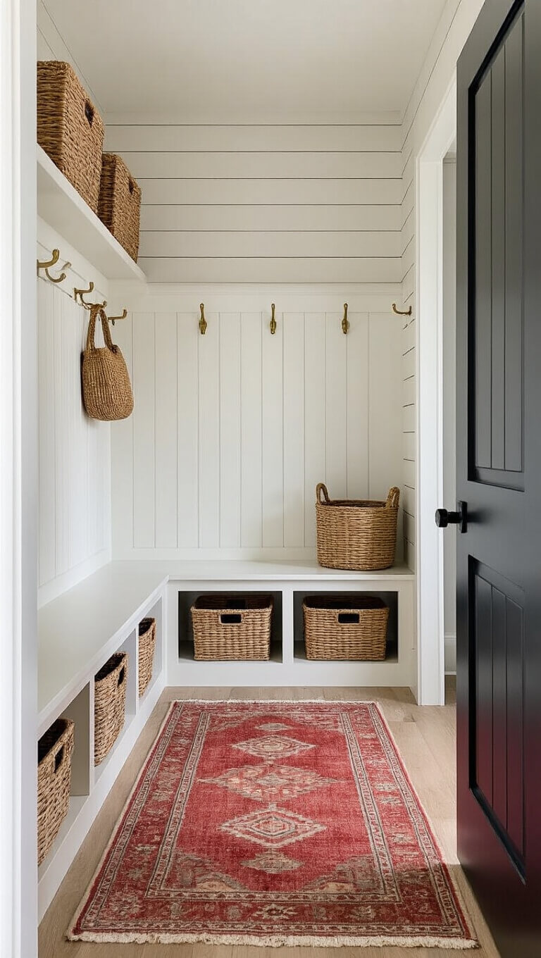Welcoming 8x10ft mudroom with warm white shaker-style bench, brass hooks, vintage red runner, natural fiber baskets, greige shiplap walls, and modern black door hardware in morning light.