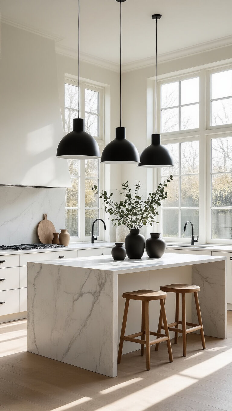 Nordic-style kitchen with matte white cabinets, pale oak floors, marble island, and black pendant lights, bathed in natural late morning light.