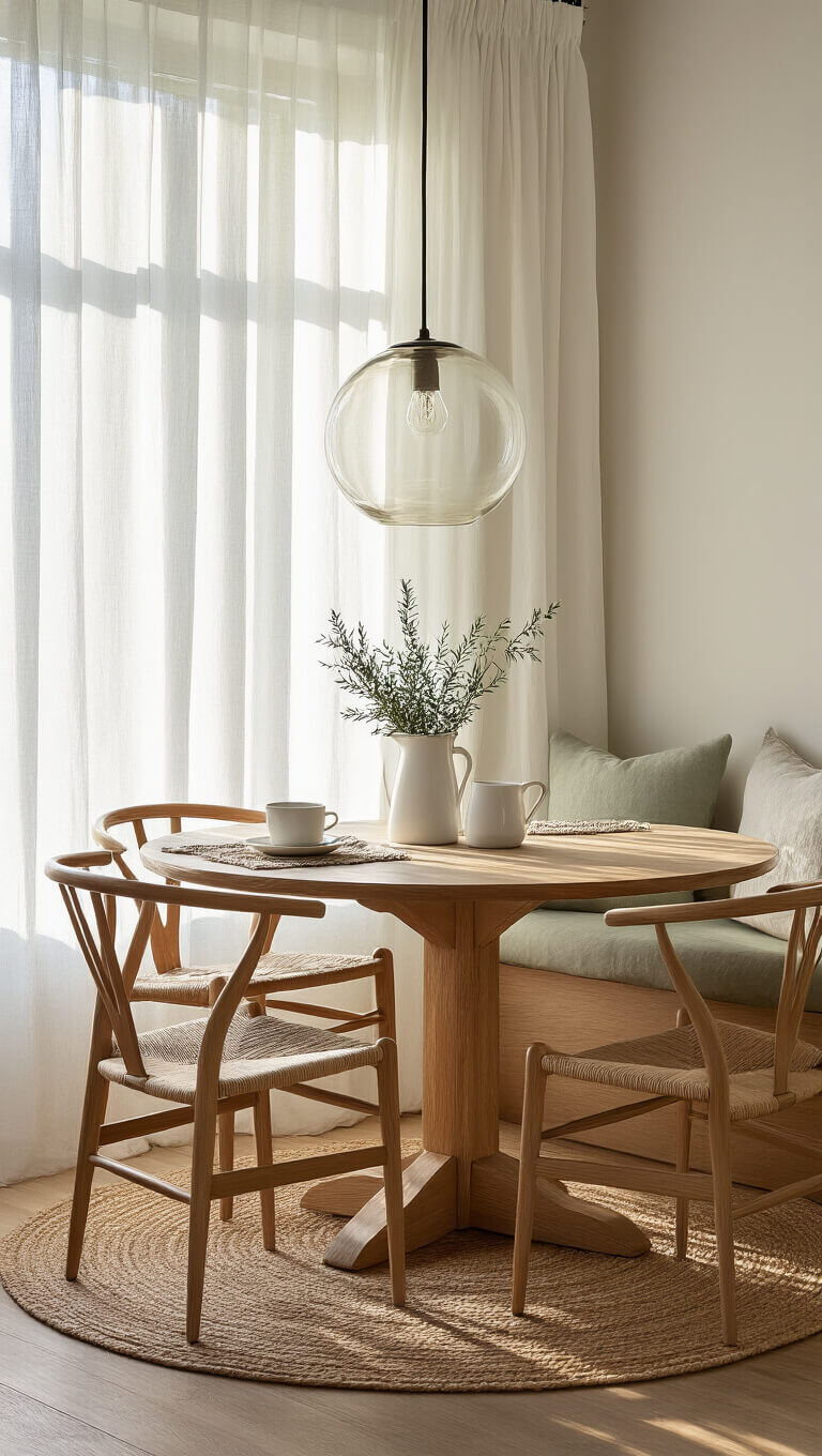 Cozy corner kitchen nook with oak round table, four wishbone chairs, sheer curtains, and warm golden hour light.
