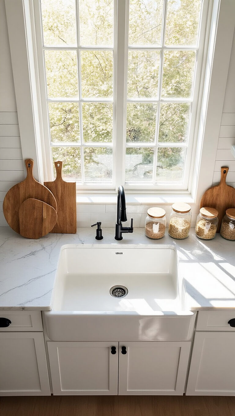 Minimalist kitchen with white 12ft countertops, farmhouse sink under window, morning light casting shadows, cutting boards and glass jars, matte black faucet.