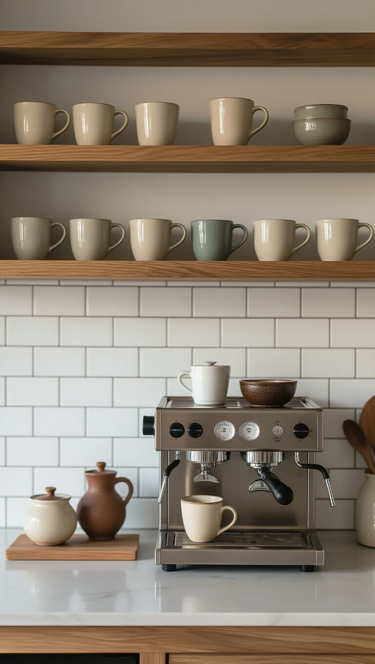 Moody dawn-lit coffee station with ceramic mugs on a wooden shelf, espresso machine, and pottery sugar bowl against white subway tiles.