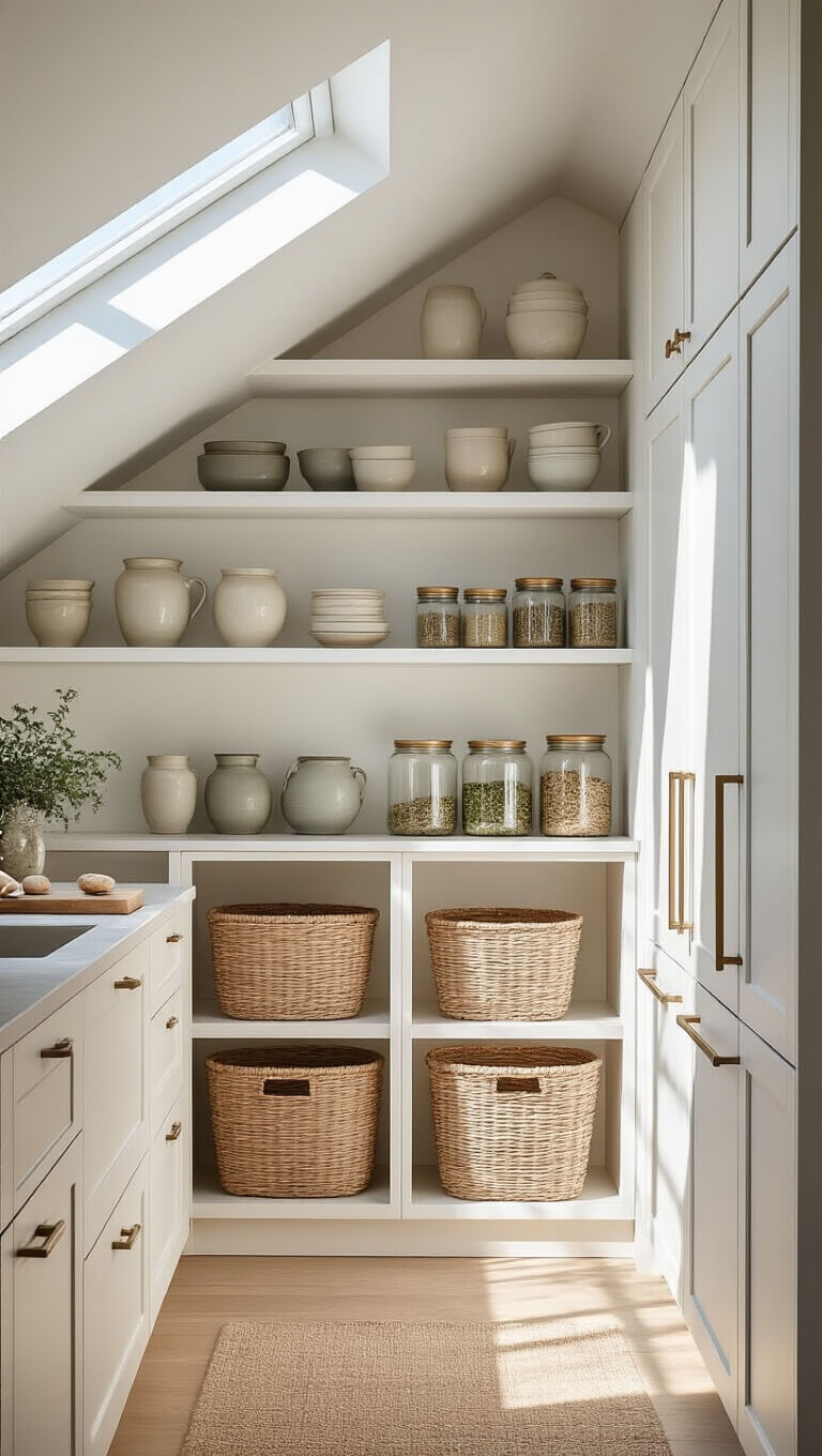 Modern Nordic kitchen pantry with white floor-to-ceiling cabinets, open shelves displaying artisanal ceramics, woven baskets, and glass jars with brass lids, softly lit by natural skylight.