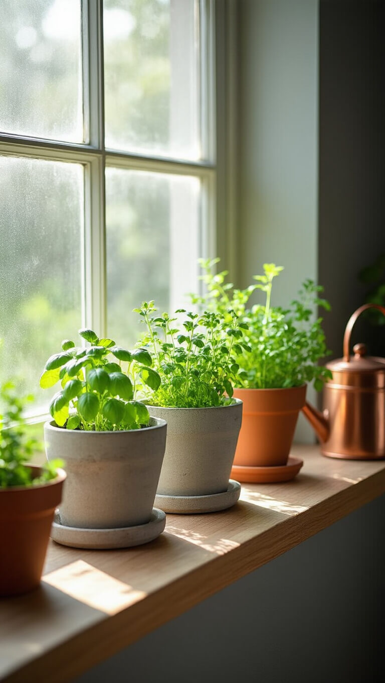 Sunlit kitchen windowsill with fresh herbs in concrete planters, terracotta pots, and copper watering can against frosted glass and grey walls.