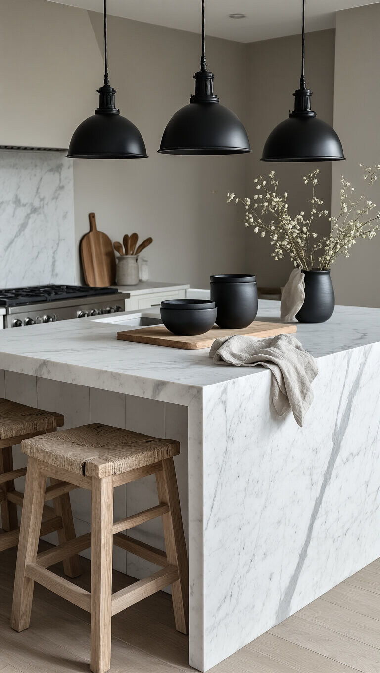 Modern kitchen island with matte black ceramics, pale wood boards, and linen towels on white marble surface under industrial pendant lights.