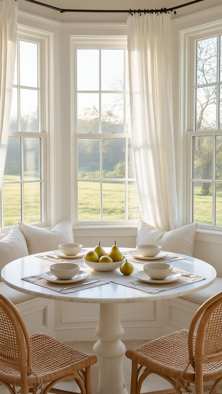 Breakfast nook with round marble table, rattan chairs, and fresh pears, bathed in soft morning light by a bay window with billowing white curtains.