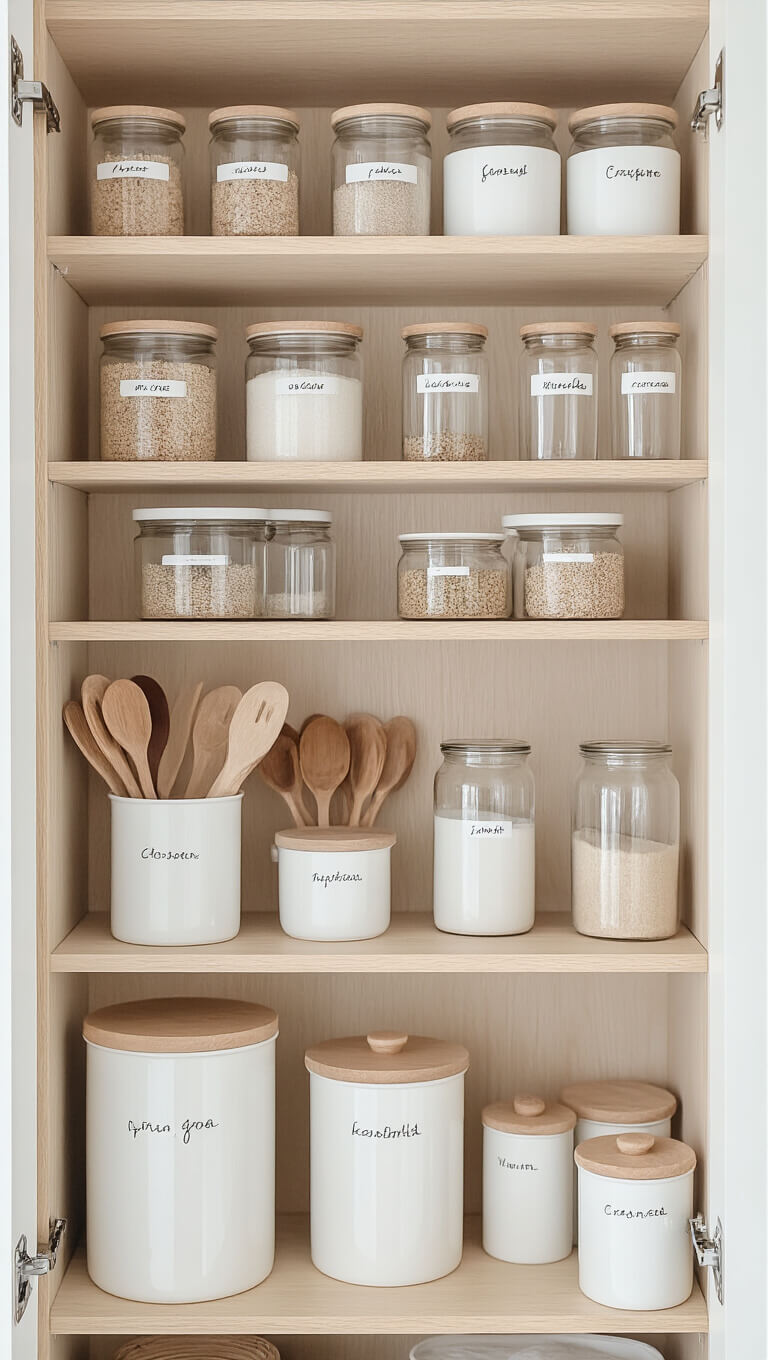 Close-up of a Nordic-style pantry with pale ash wood shelves, glass containers, wooden spoons, and white ceramic canisters, all labeled in minimal script.