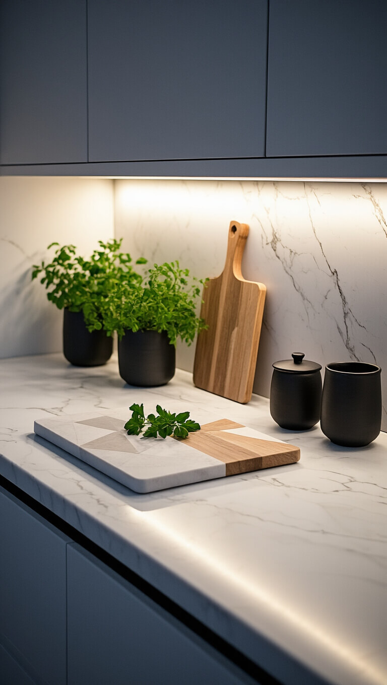 Minimalist twilight kitchen counter with marble surface, geometric cutting boards, black ceramics, greenery, and soft under-cabinet lighting.