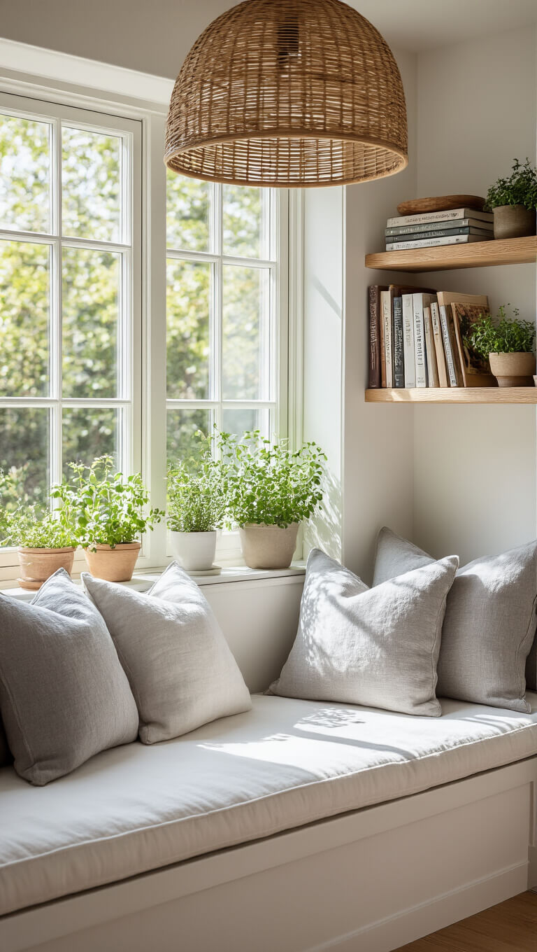 Cozy kitchen reading nook with built-in window seat, white cushions, grey pillows, floating shelves of cookbooks and potted herbs, and warm rattan pendant light in soft afternoon sunlight.