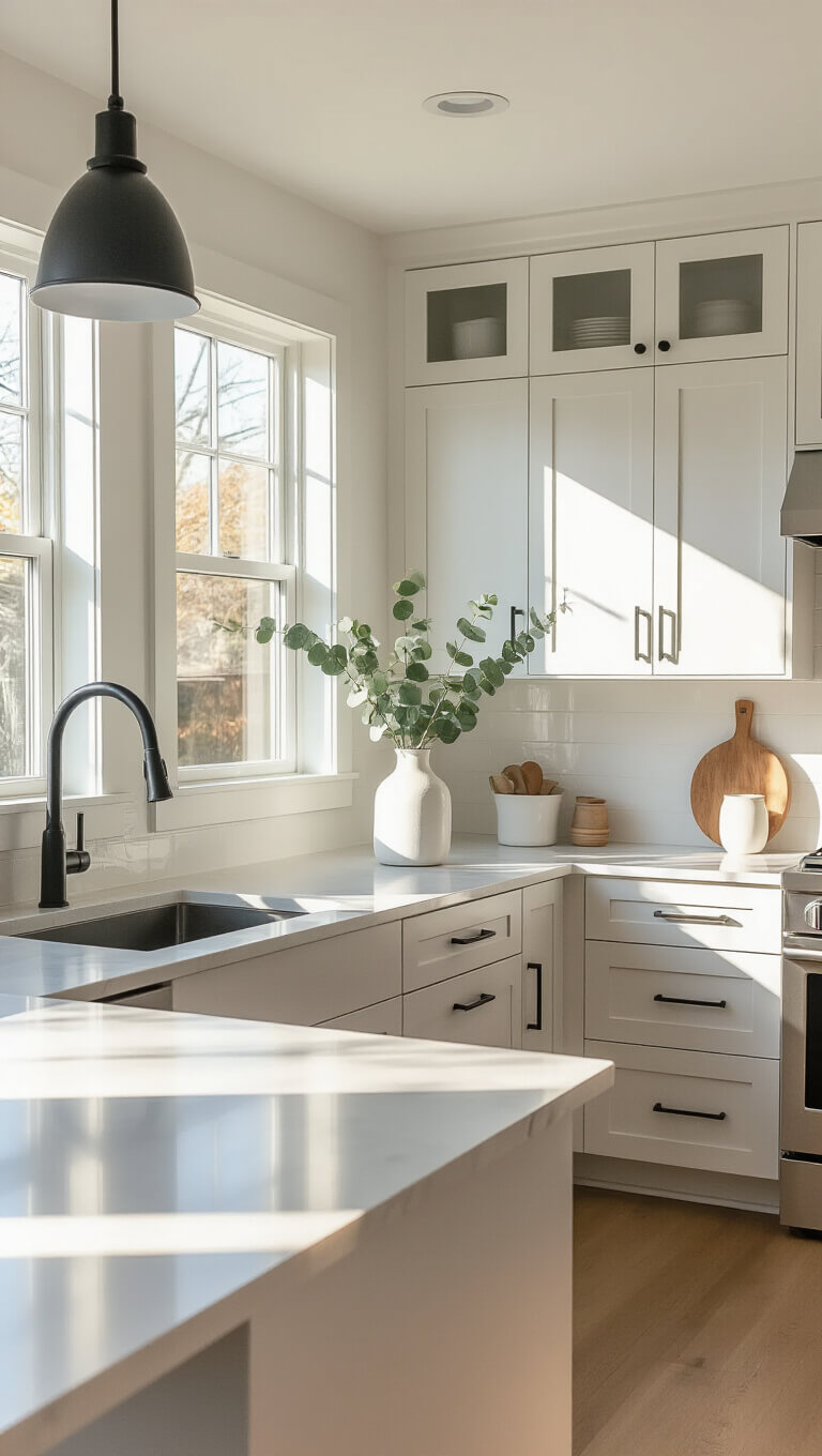 Compact modern kitchen at golden hour with sunlight highlighting white cabinets, matte black hardware, and a pale gray waterfall quartz island with a white vase of eucalyptus.