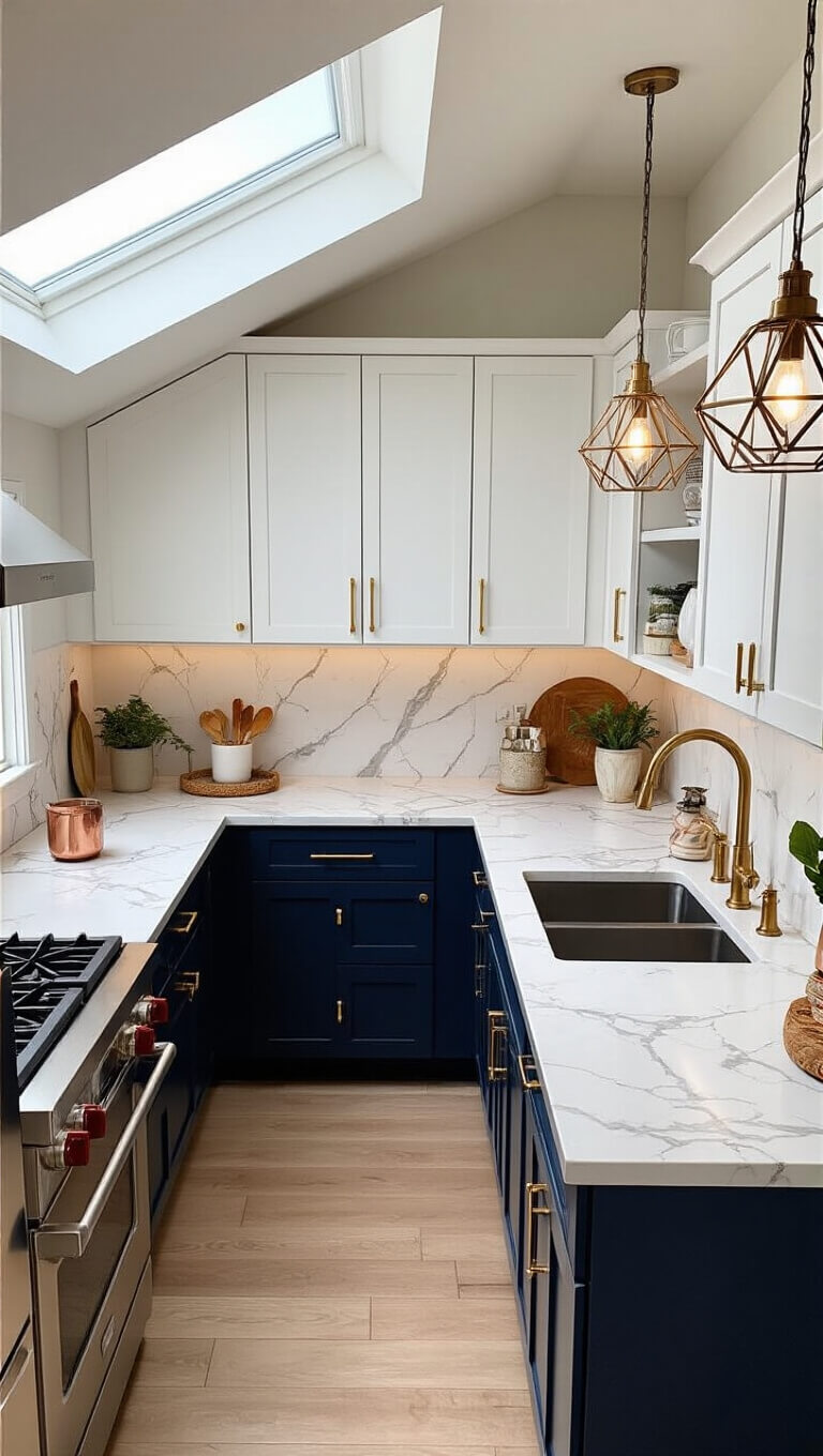 Overhead view of bright L-shaped small kitchen with white and navy cabinets, marble-look countertops, brass fixtures, and organized coffee station.