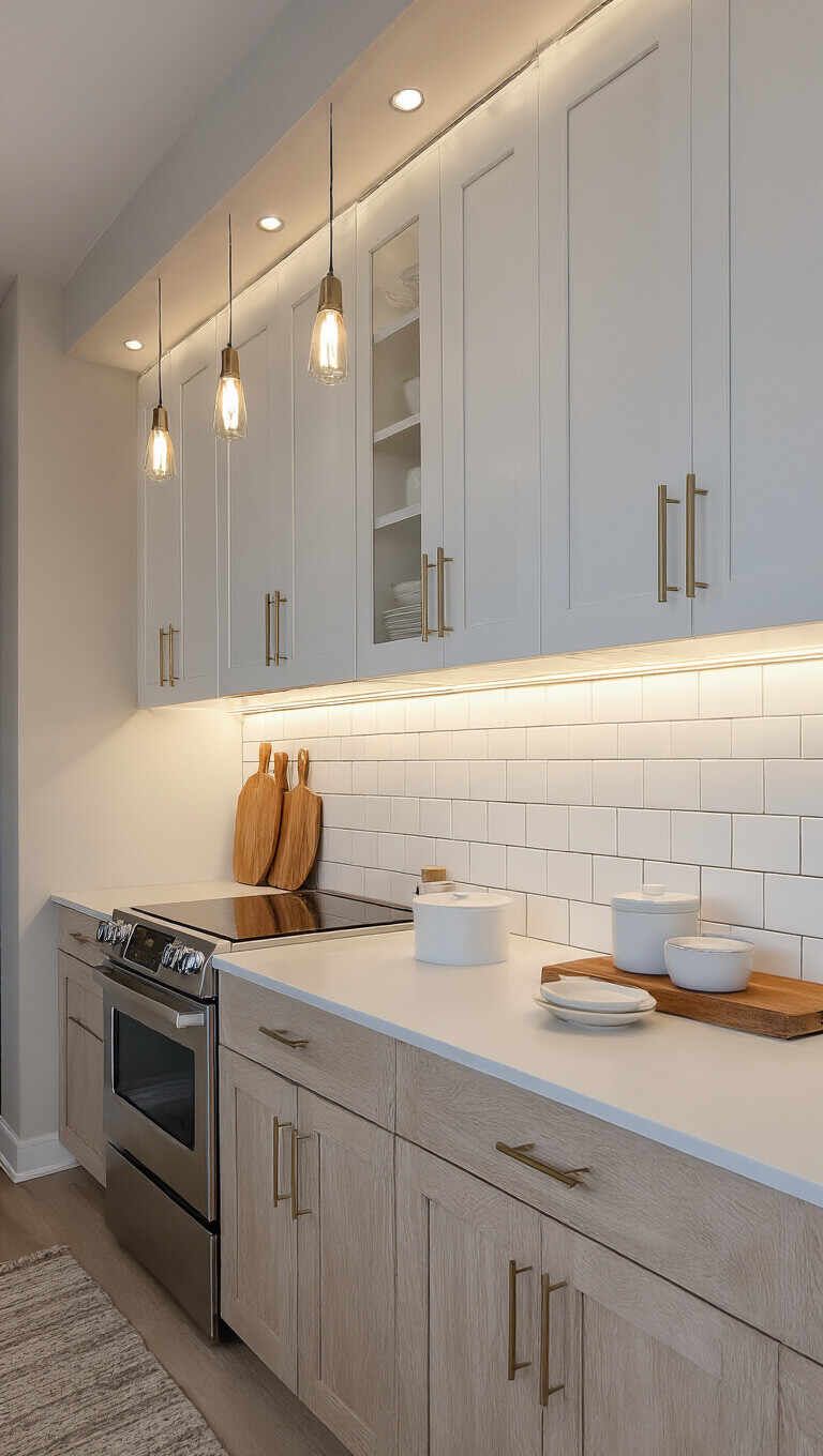 Galley kitchen at dusk with soft LED under-cabinet lighting, light wood cabinets, white subway tile backsplash, and stainless steel appliances.