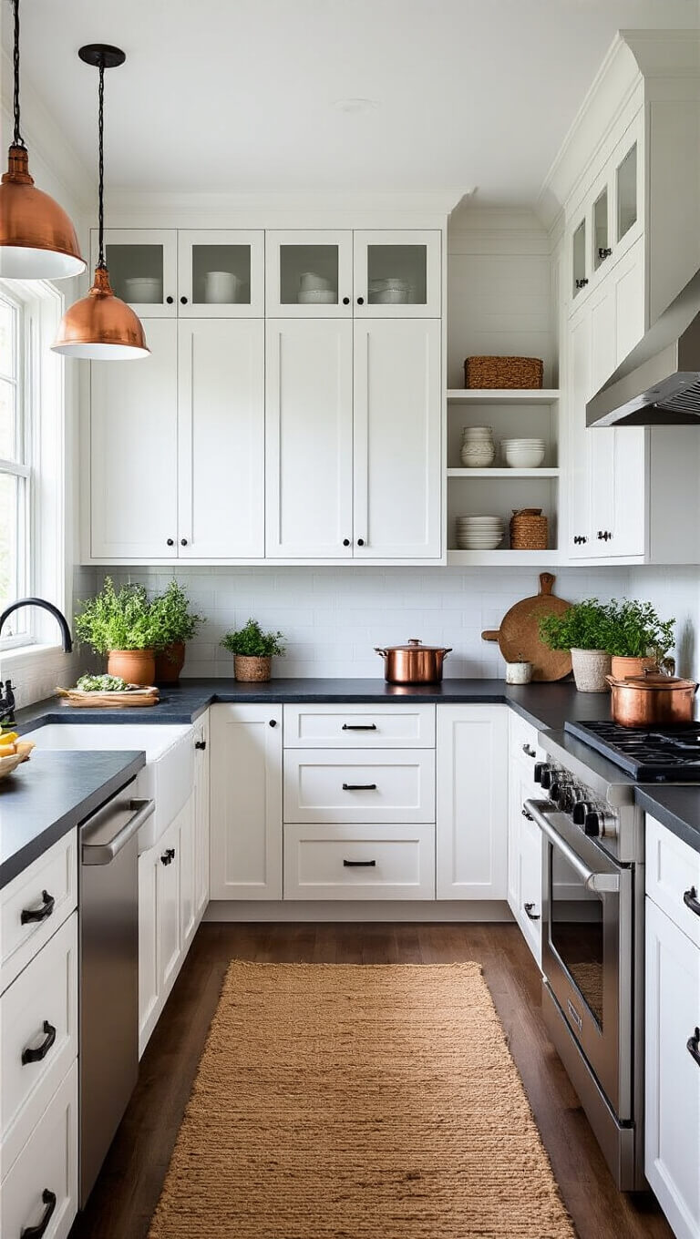 U-shaped 12x12ft kitchen at morning blue hour with white shaker cabinets, black soapstone counters, warm pendant lighting, floor-to-ceiling pantry, copper cookware, terracotta potted herbs, and a jute runner.