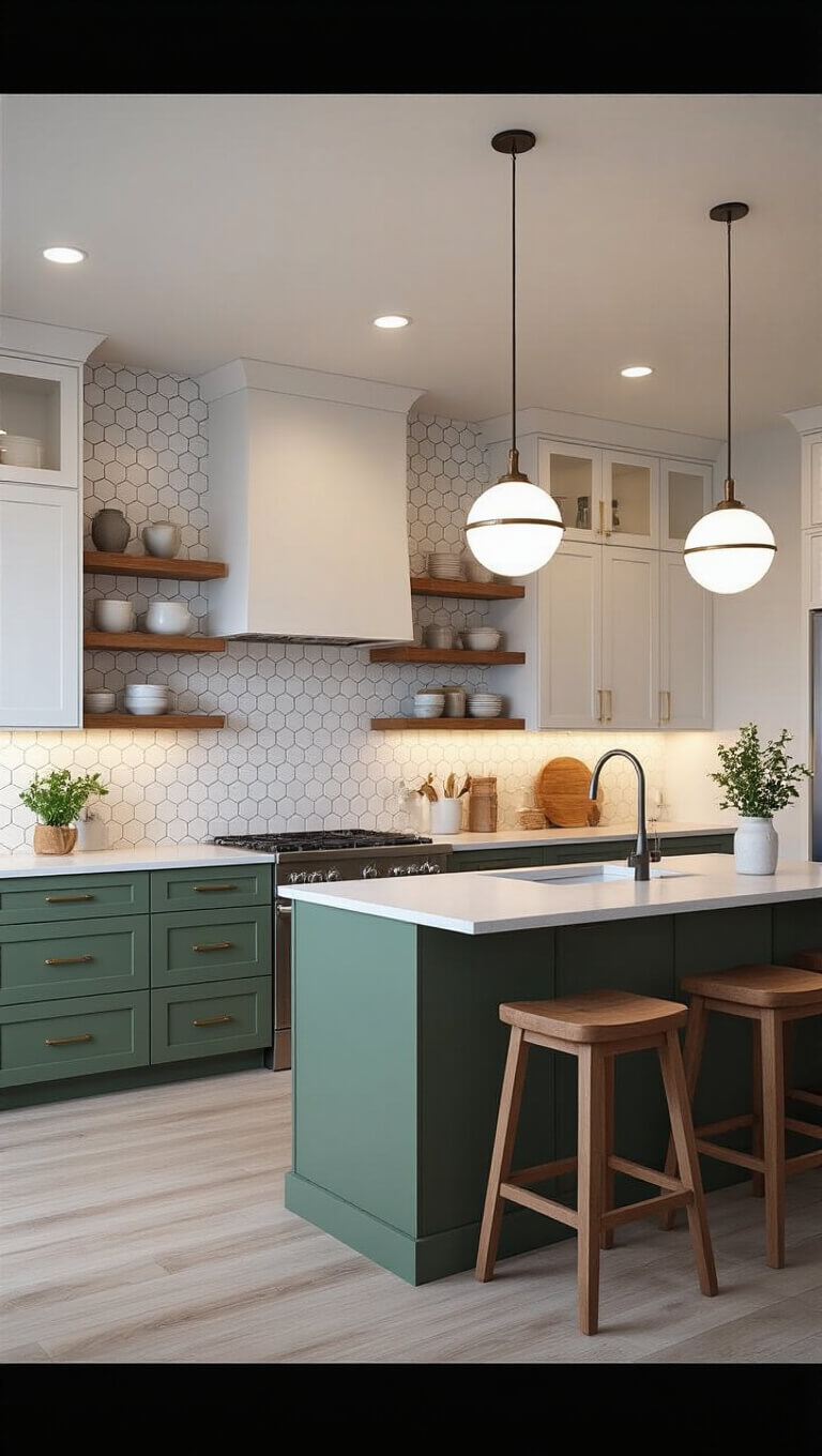 Open-concept kitchen at twilight with sage green lower cabinets, white uppers, floating wooden shelves, globe pendant lights, and a marble hexagon backsplash.