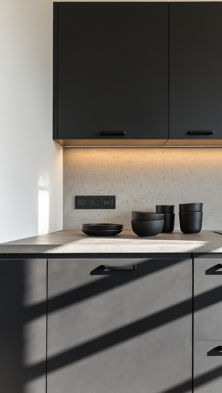 Modern kitchen corner with matte black cabinets, concrete countertops, and dramatic afternoon light with shadows highlighting textures.