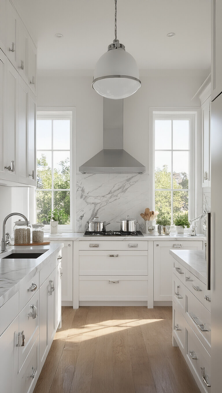 Bright, compact white kitchen with marble backsplash, floor-to-ceiling cabinets, and chrome accents illuminated by natural light at noon.