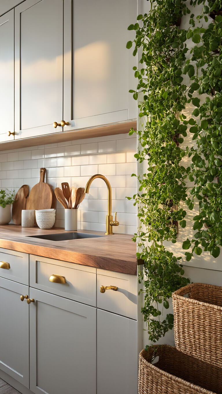 Low-angle view of a compact 7x10ft kitchen at sunset with warm light on brass hardware, gray cabinets with walnut accents, vertical herb garden on white tile, and minimal wooden decor.