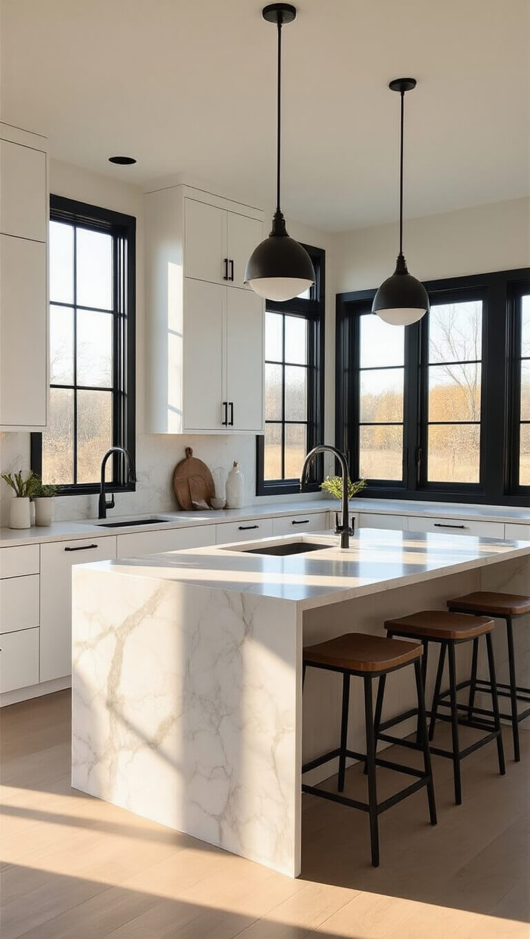 Modern 8x14ft kitchen with white cabinets, quartz waterfall island, black window frames, and golden hour sunlight highlighting minimalist decor.
